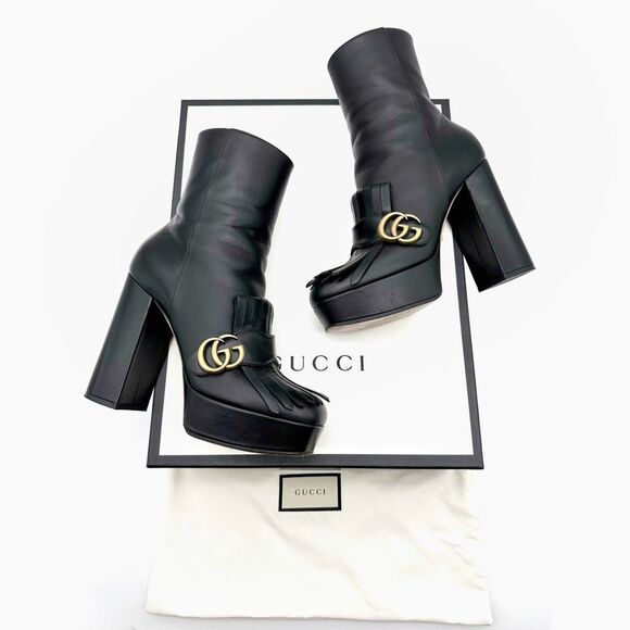 GUCCI Marmont Kiltie Fringe GG Platform Boots Size 39 US 9 Black Leather Ankle - Picture 2 of 12